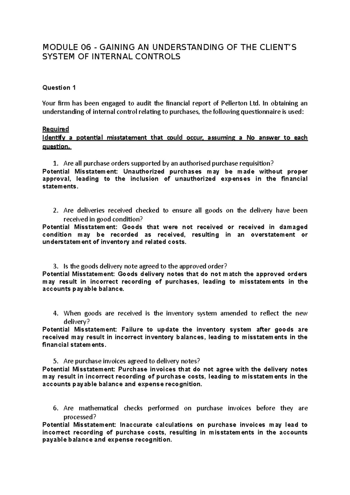 Internal Control Weaknesses & Risks: Unseen Questions for Week 6 - Studocu