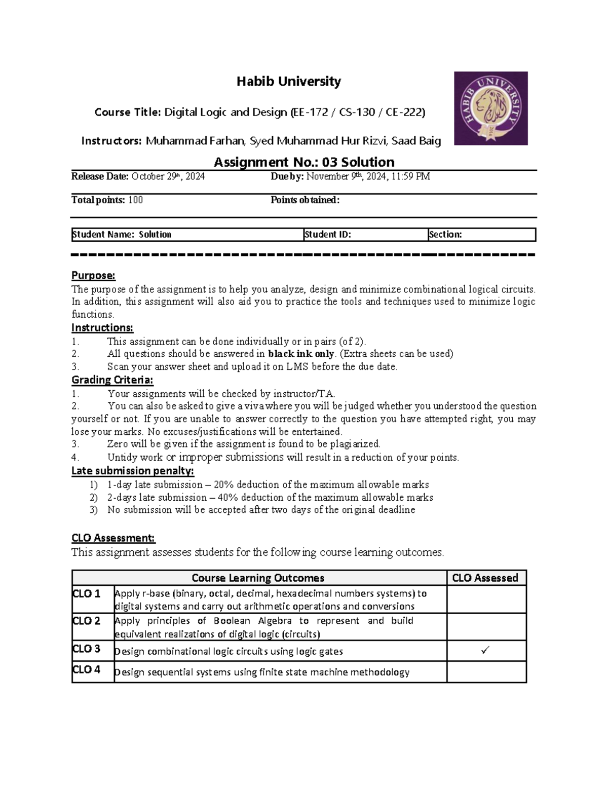 DLD-EE172 Assignment 3 Solution: Combinational Logic Design - Studocu