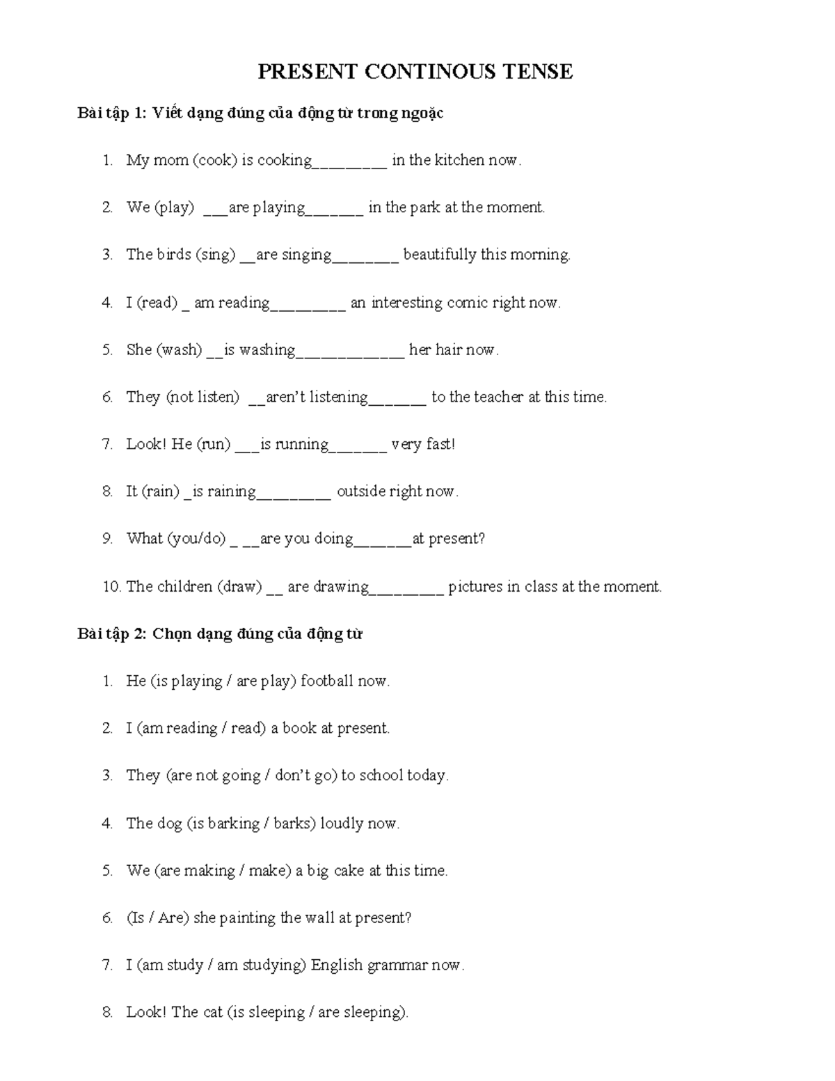 Present Continuous Tense Exercises and Practice - Studocu