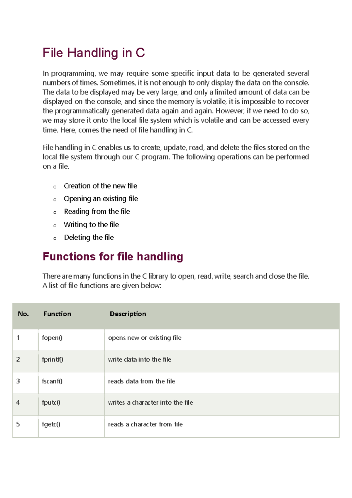File Handling in C: Essential Functions and Operations Guide - Studocu