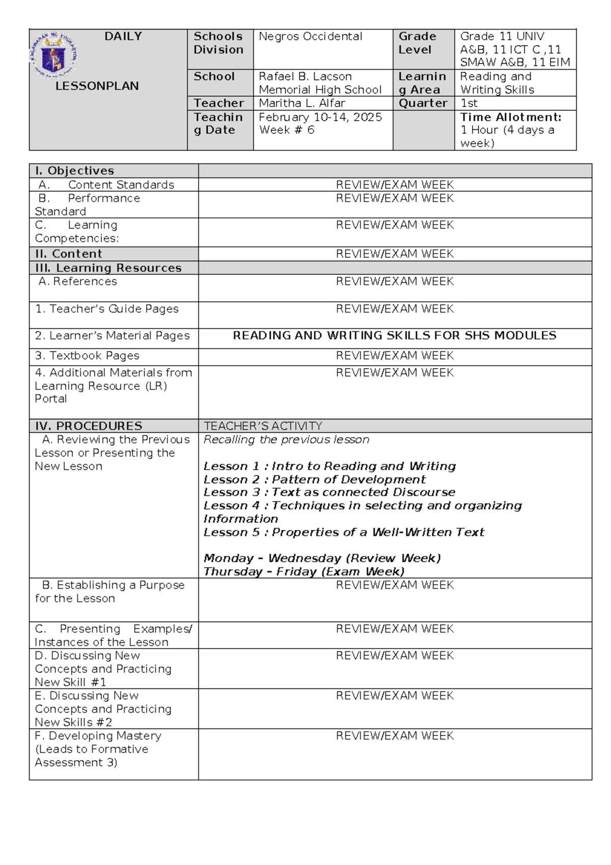 RW W6 - reading and writing - DAILY LESSONPLAN Schools Division Negros ...