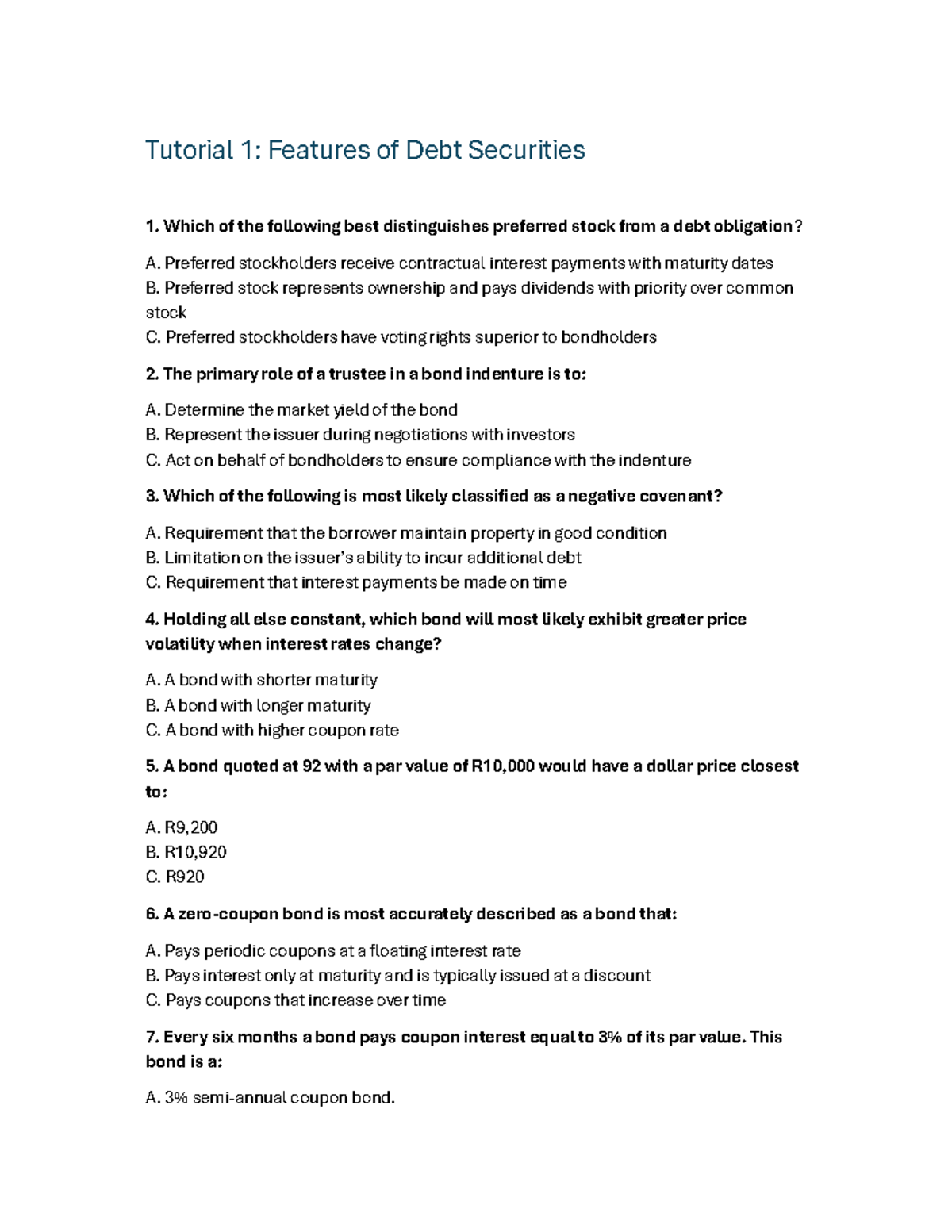 Tutorial 1: Key Features of Debt Securities in Fixed Income - Studocu