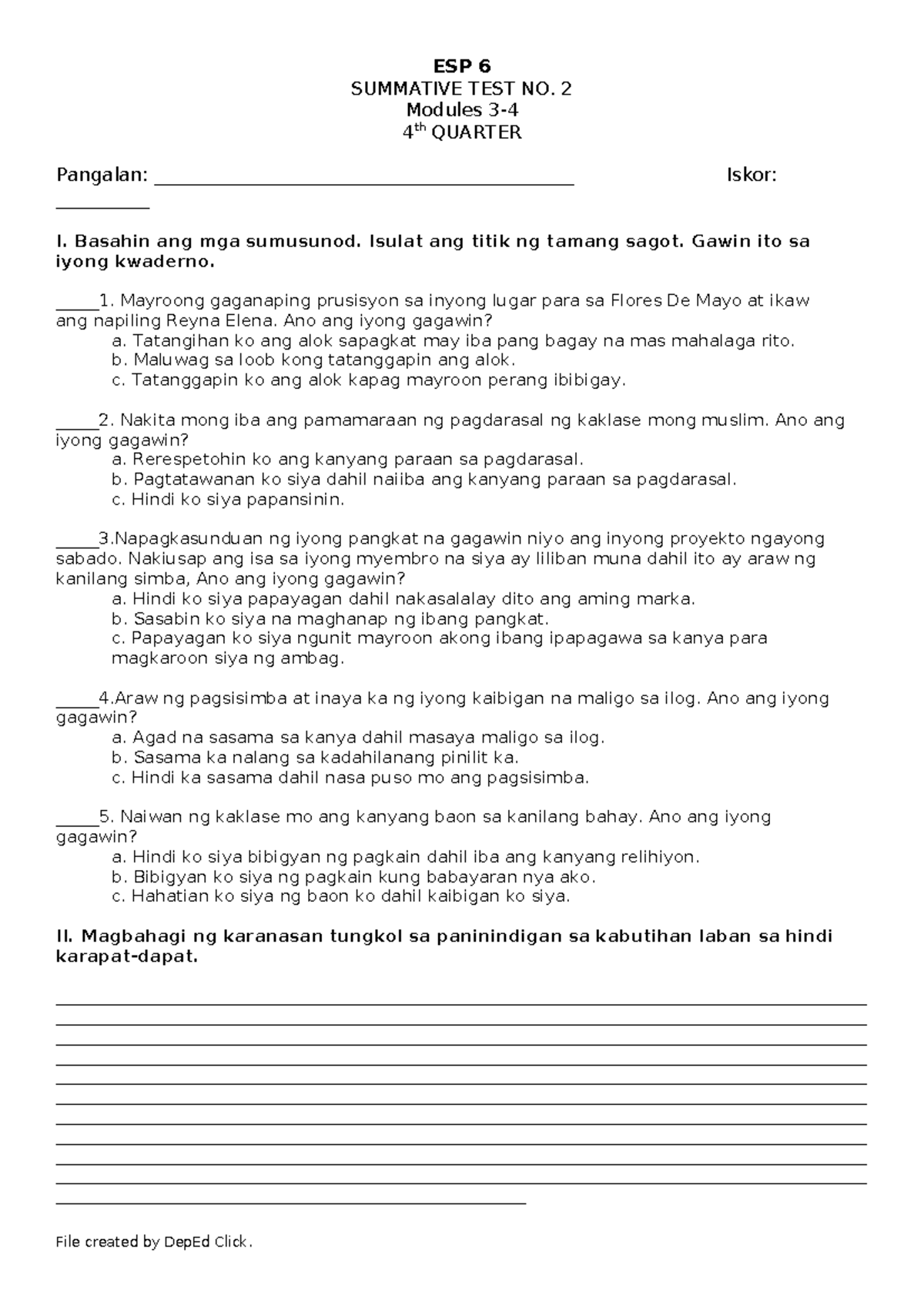 ESP6 ST2 Q4 - st for esp - ESP 6 SUMMATIVE TEST NO. 2 Modules 3- 4 th ...