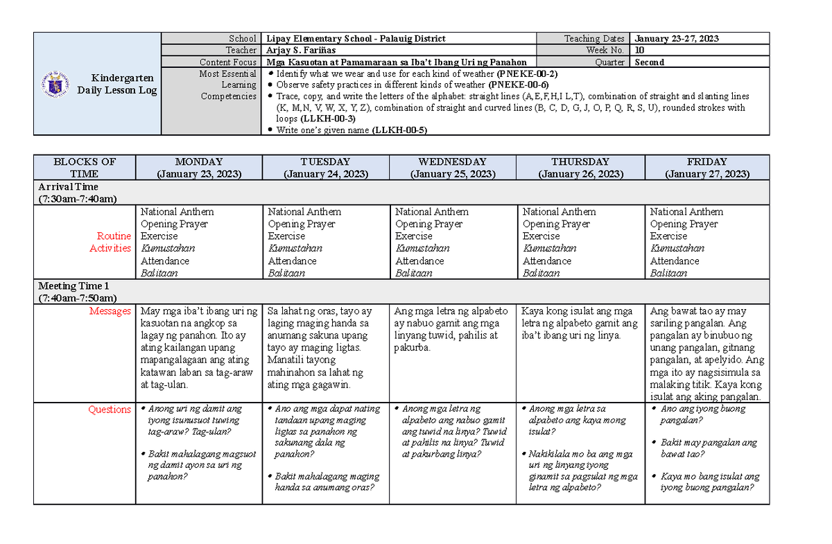 Kindergarten DLL MELC Q2 Week 10 asf - Kindergarten Daily Lesson Log ...