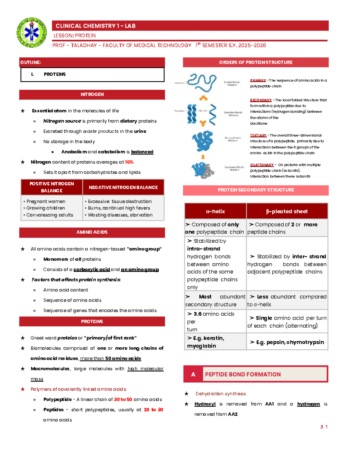 CLINICAL CHEMISTRY 1 LAB LESSON: PROTEIN STRUCTURE & FUNCTIONS - Studocu