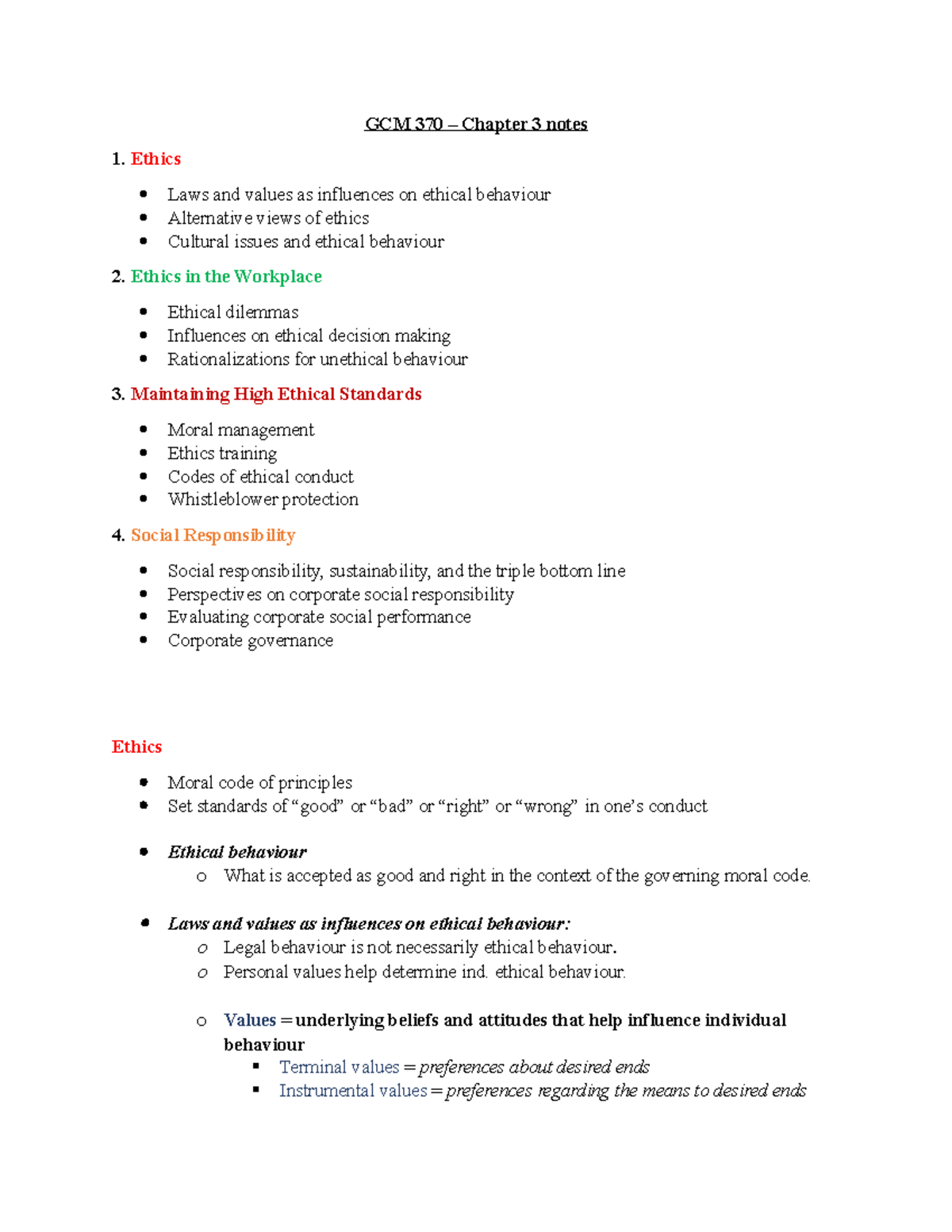 Chapter 3 notes - GCM 370 – Chapter 3 notes 1. Ethics Laws and values ...