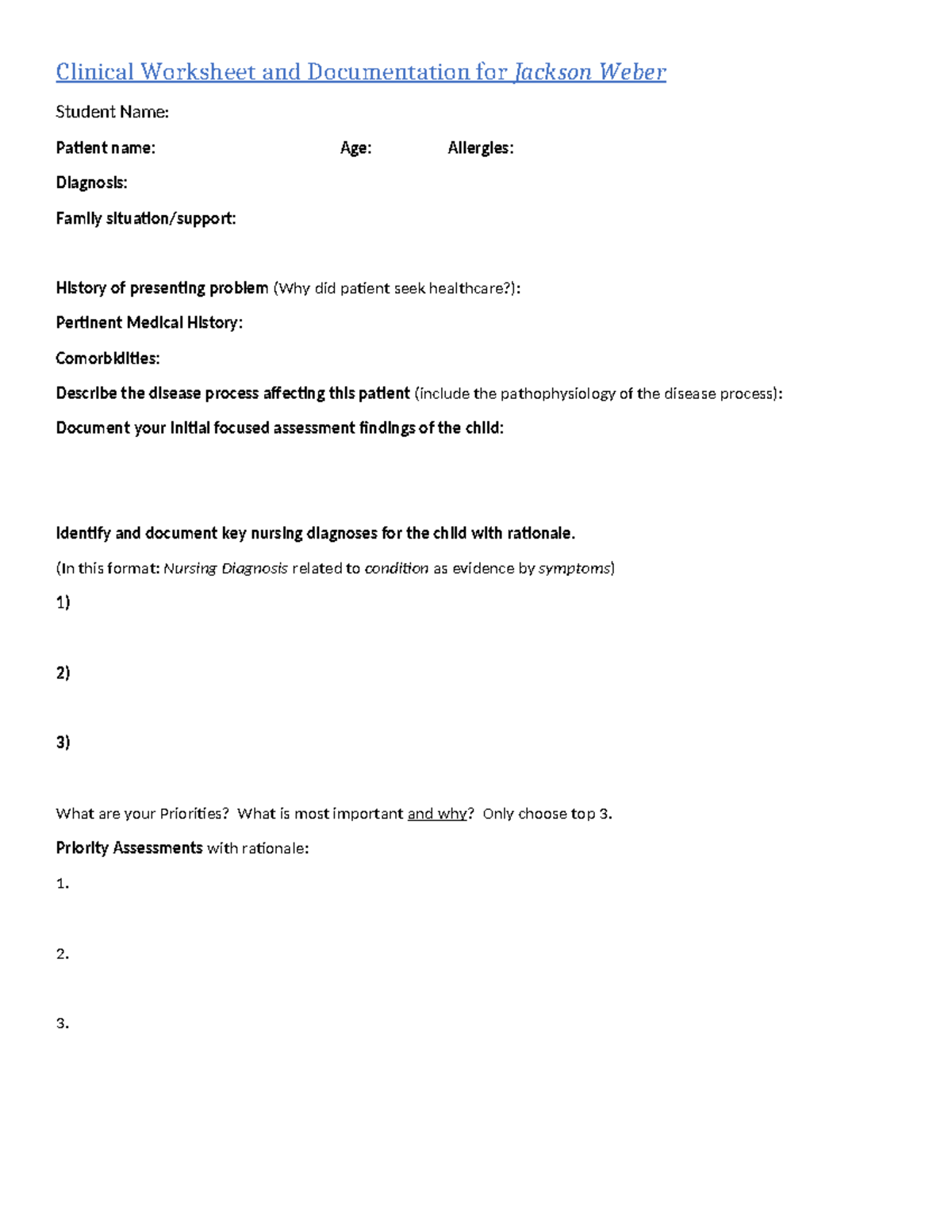 Clinical Worksheet for vSim 1JW: Patient Case Analysis & Nursing Care ...