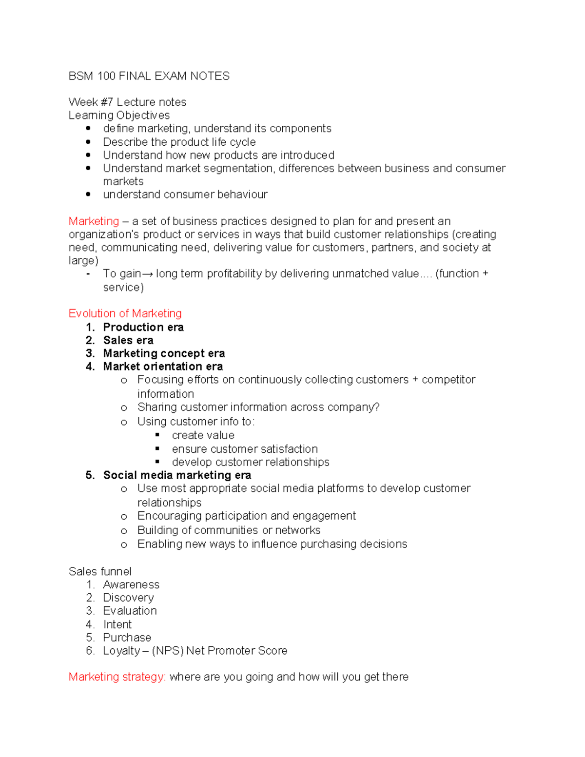 BSM 100 Final EXAM Notes - BSM 100 FINAL EXAM NOTES Week #7 Lecture ...
