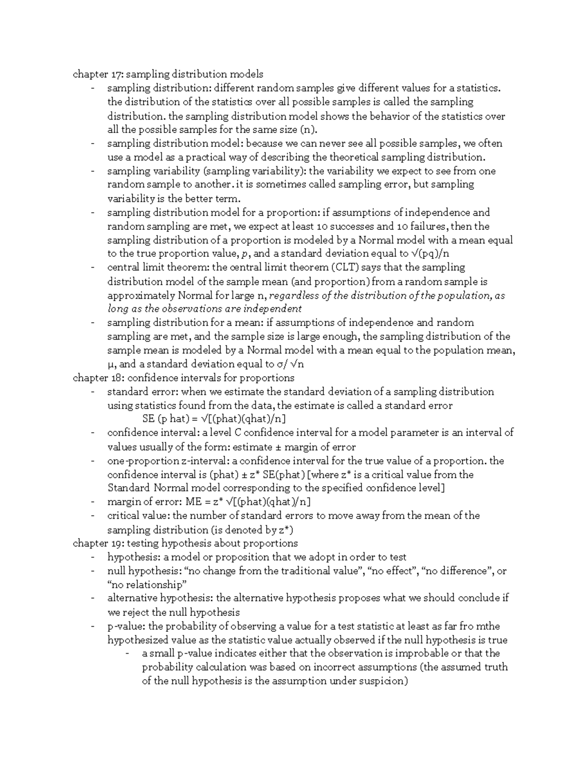 Chapter 17, 18, and 19 review - chapter 17: sampling distribution ...