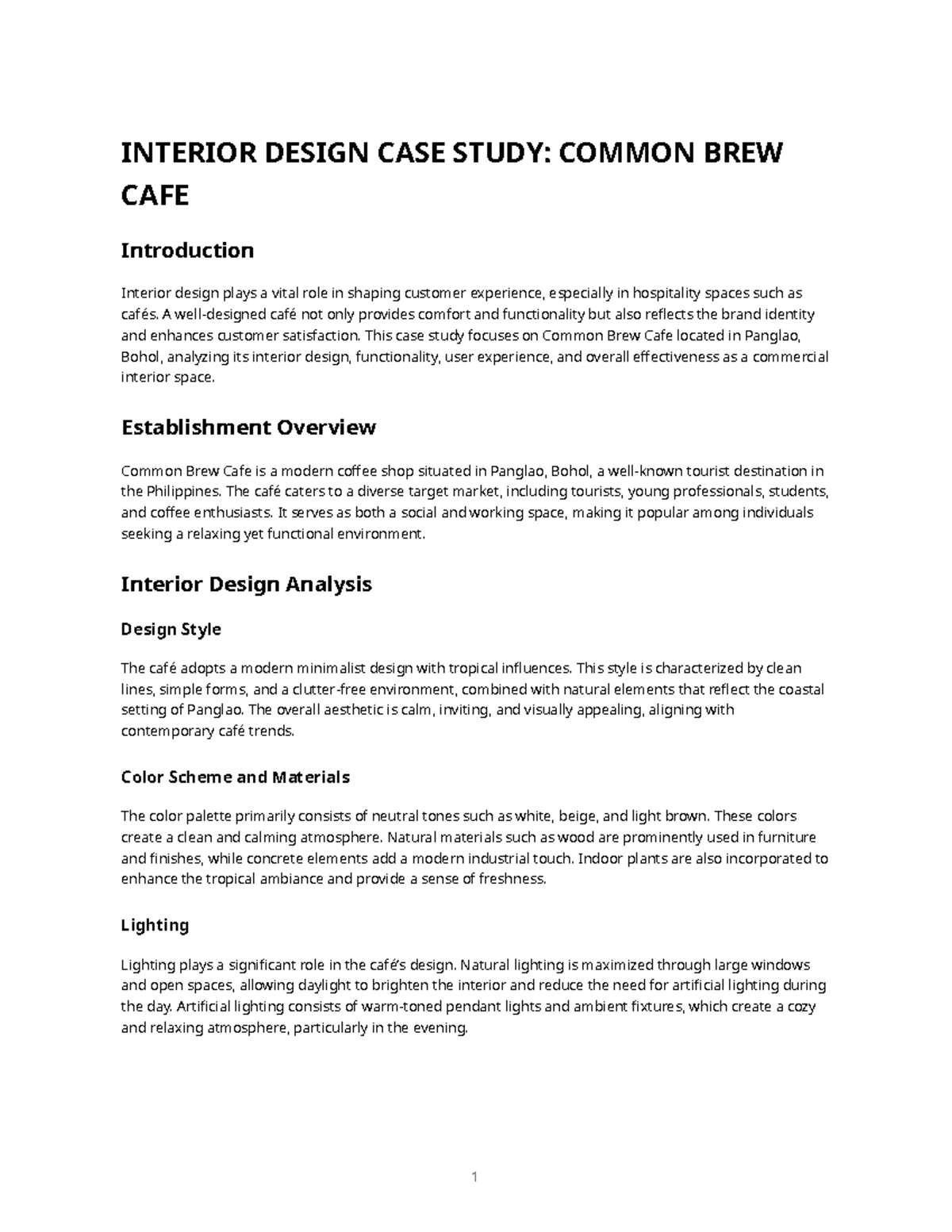 INTERIOR DESIGN CASE STUDY: COMMON BREW CAFE Analysis - Studocu
