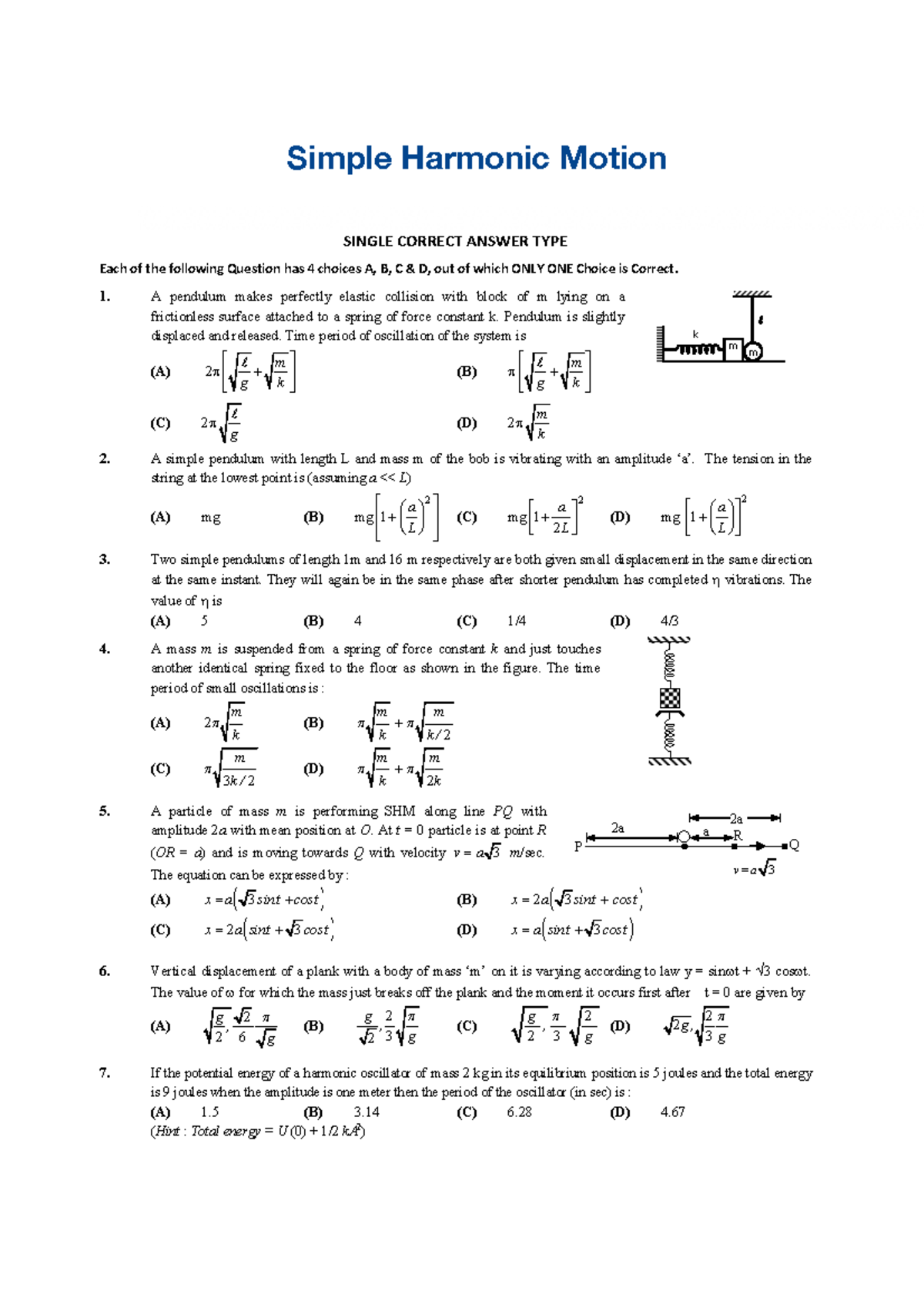 SHM 101: Advanced Problems in Simple Harmonic Motion - Studocu