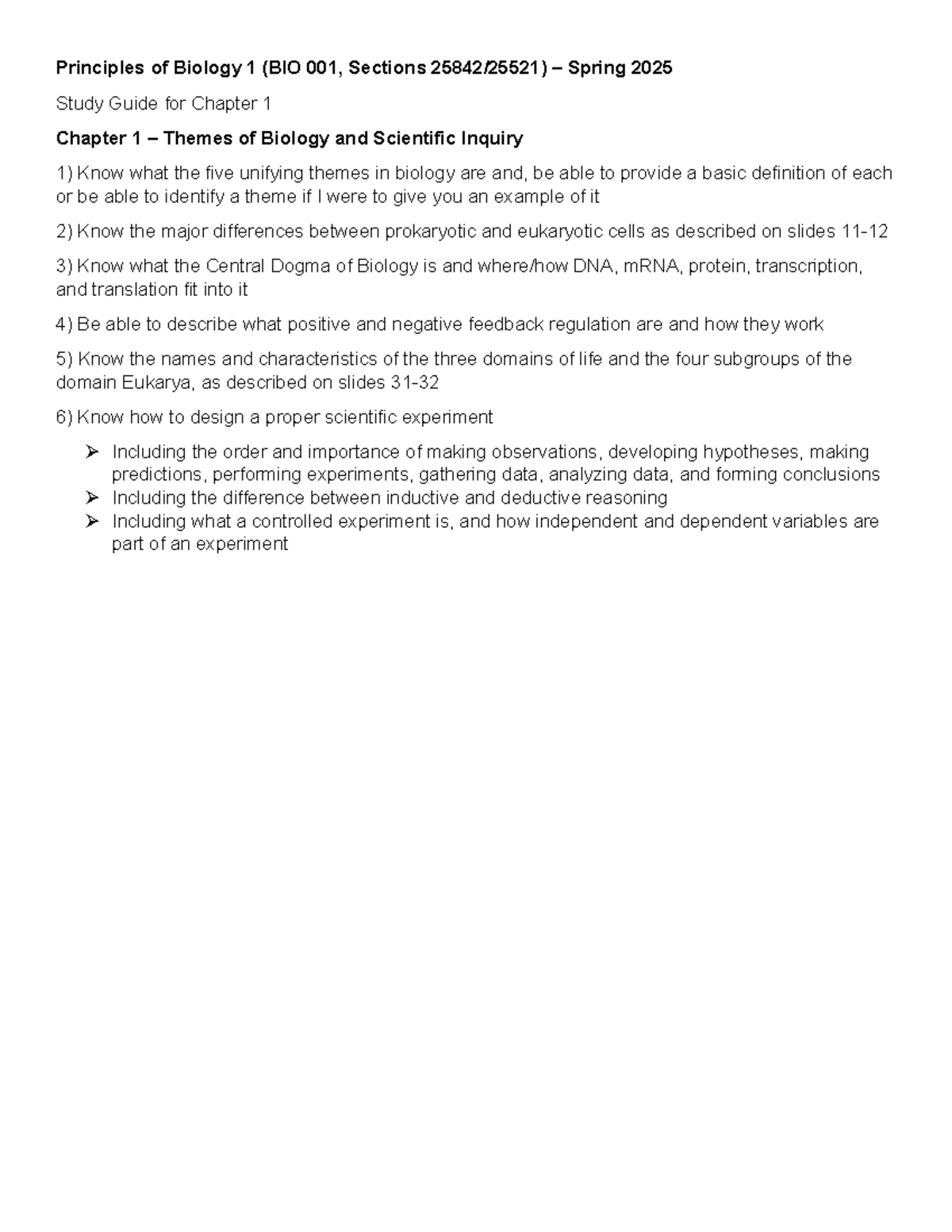 Chapter+1+Study+Guide - Principles of Biology 1 (BIO 001, Sections ...