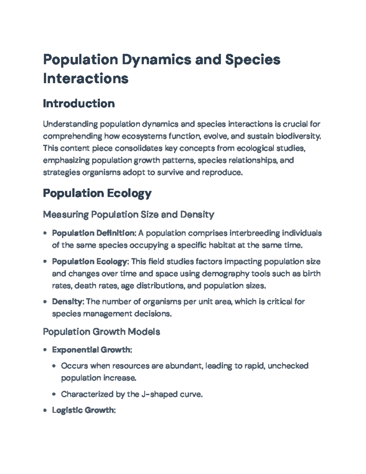 Population Dynamics and Species Interactions Overview - Population ...