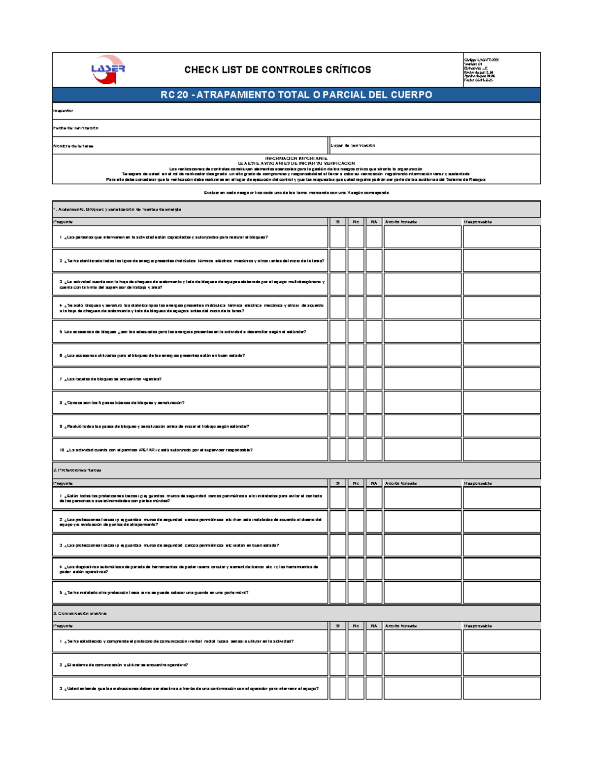 CHECK LIST DE CONTROLES CRÍTICOS RC 20 - Atrapamiento Total o Parcial ...