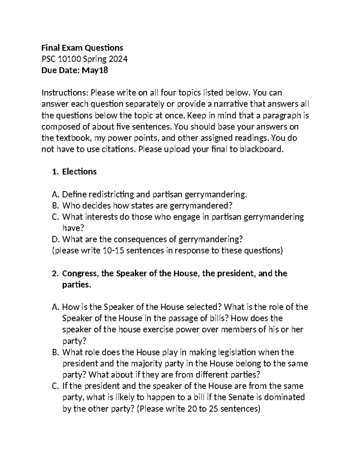 Final Exam Questions Spring 2024 - Final Exam Questions PSC 10100 ...