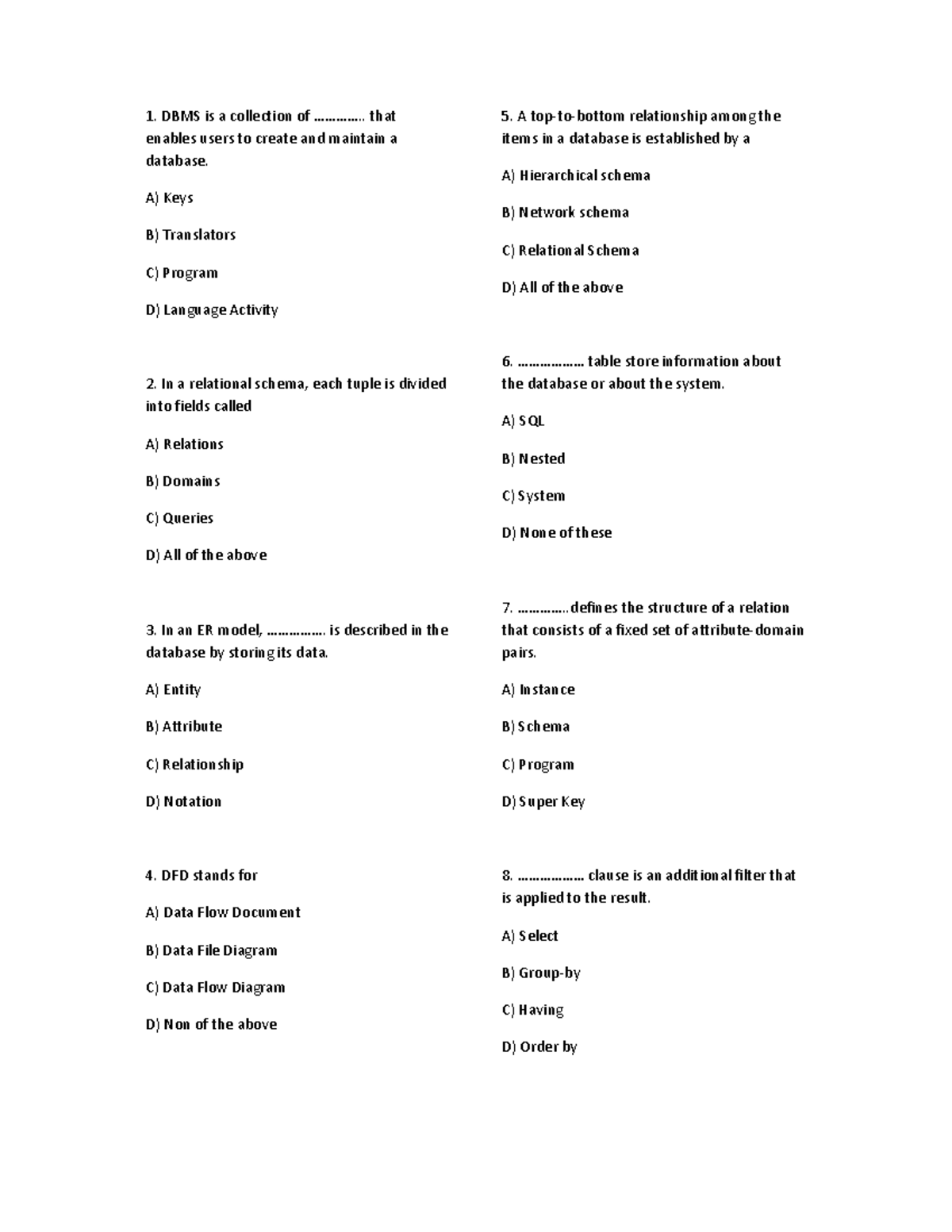 DBMS - Important Concepts & MCQs for Study (Familiarization Notes ...