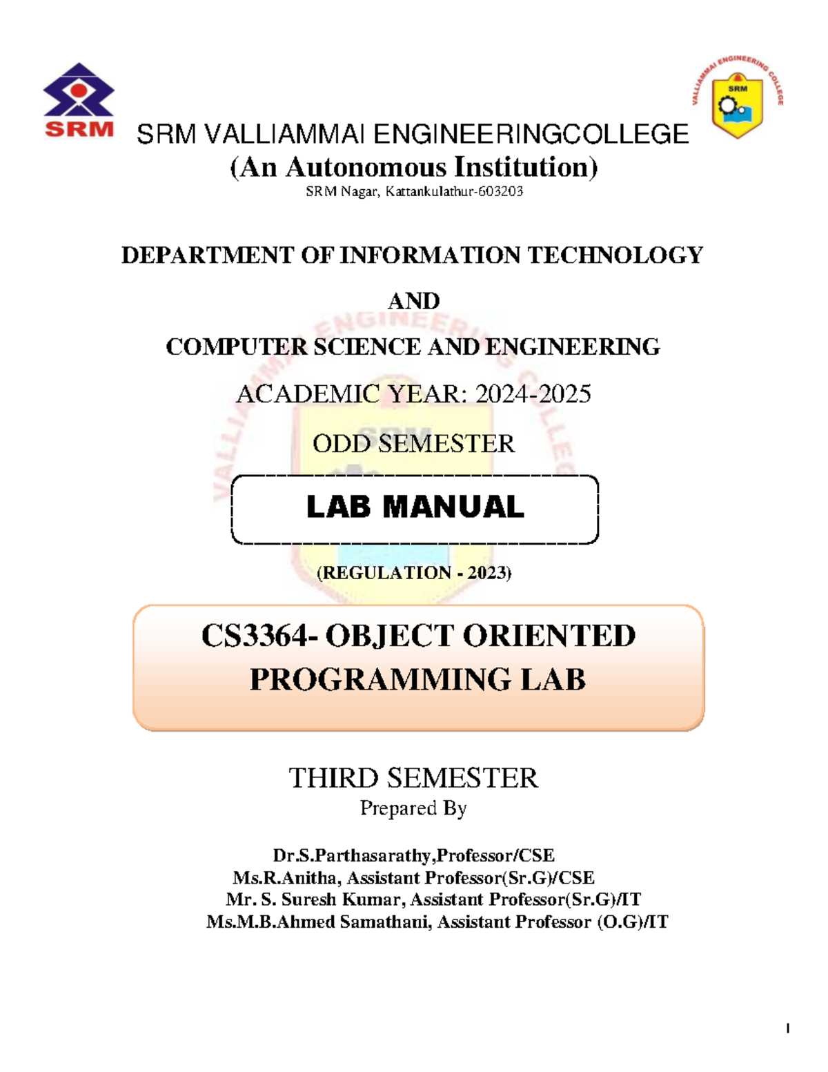 CS3364 - Object Oriented Programming Lab Manual - 2024 Odd Sem. - Studocu