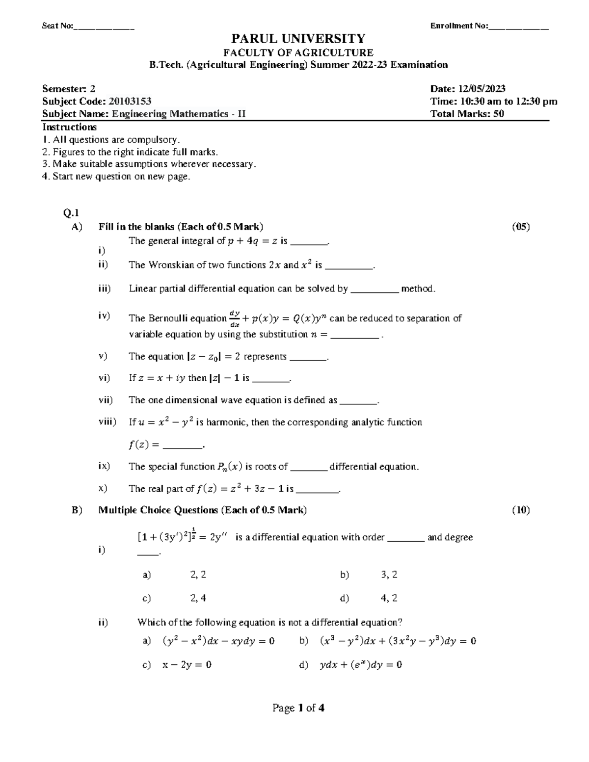 Engineering Mathematics II (20103153) Summer Exam Question Paper - Studocu