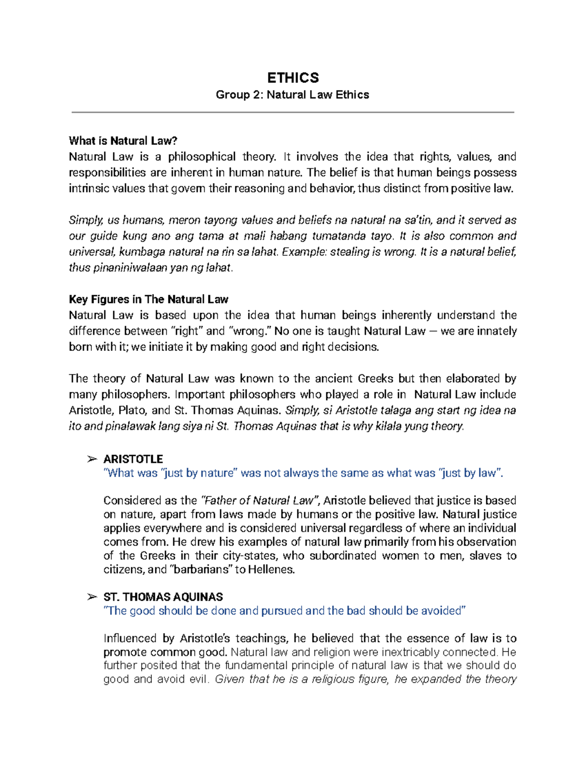 ETHICS Group 2: Understanding Natural Law Ethics and Key Philosophers ...