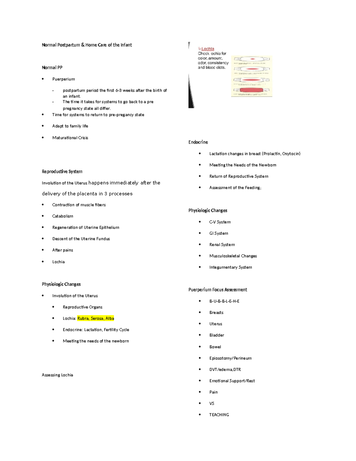 Normal PP Home Care: Infant & Puerperium Assessment Guide - Studocu