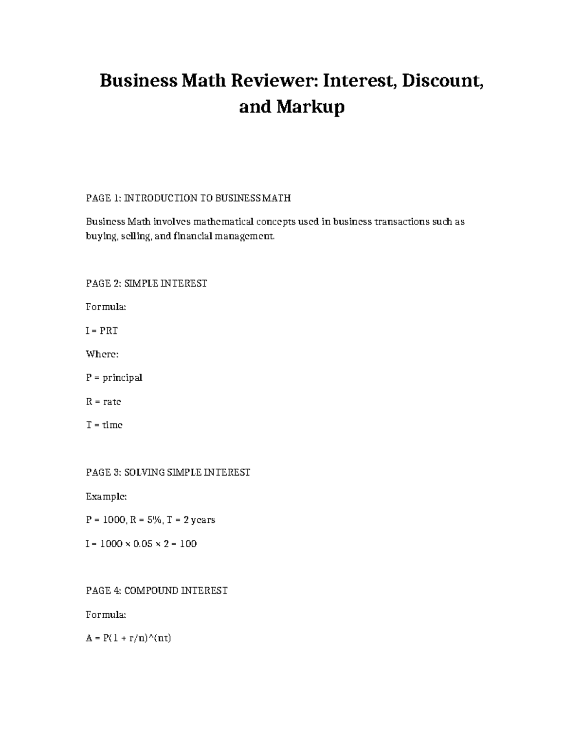 Business Math Reviewer: Interest, Discount & Markup Concepts - Studocu