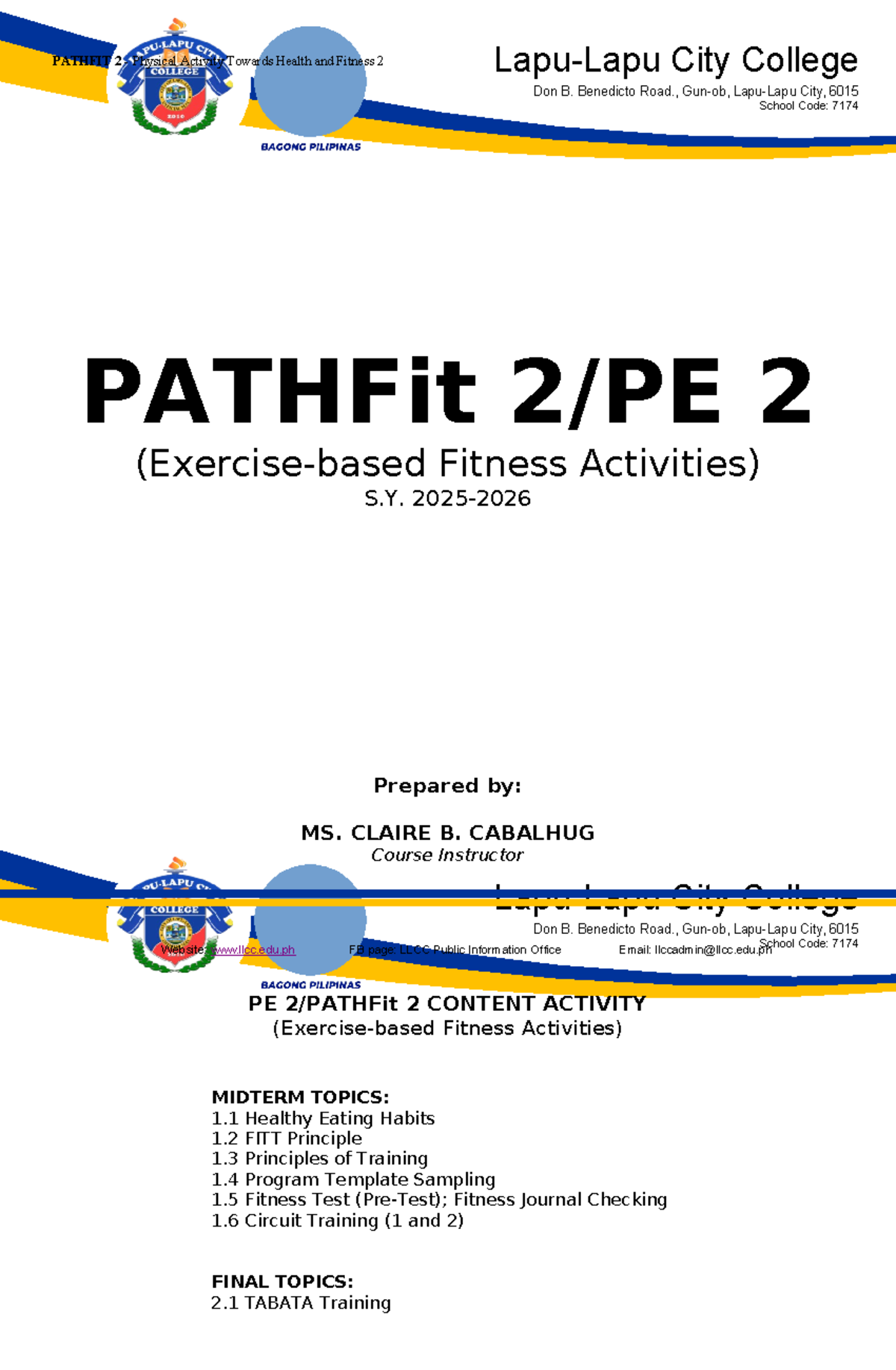 PATHFit 2 Midterm Worksheet for SY 2025-2026 Activities - Studocu