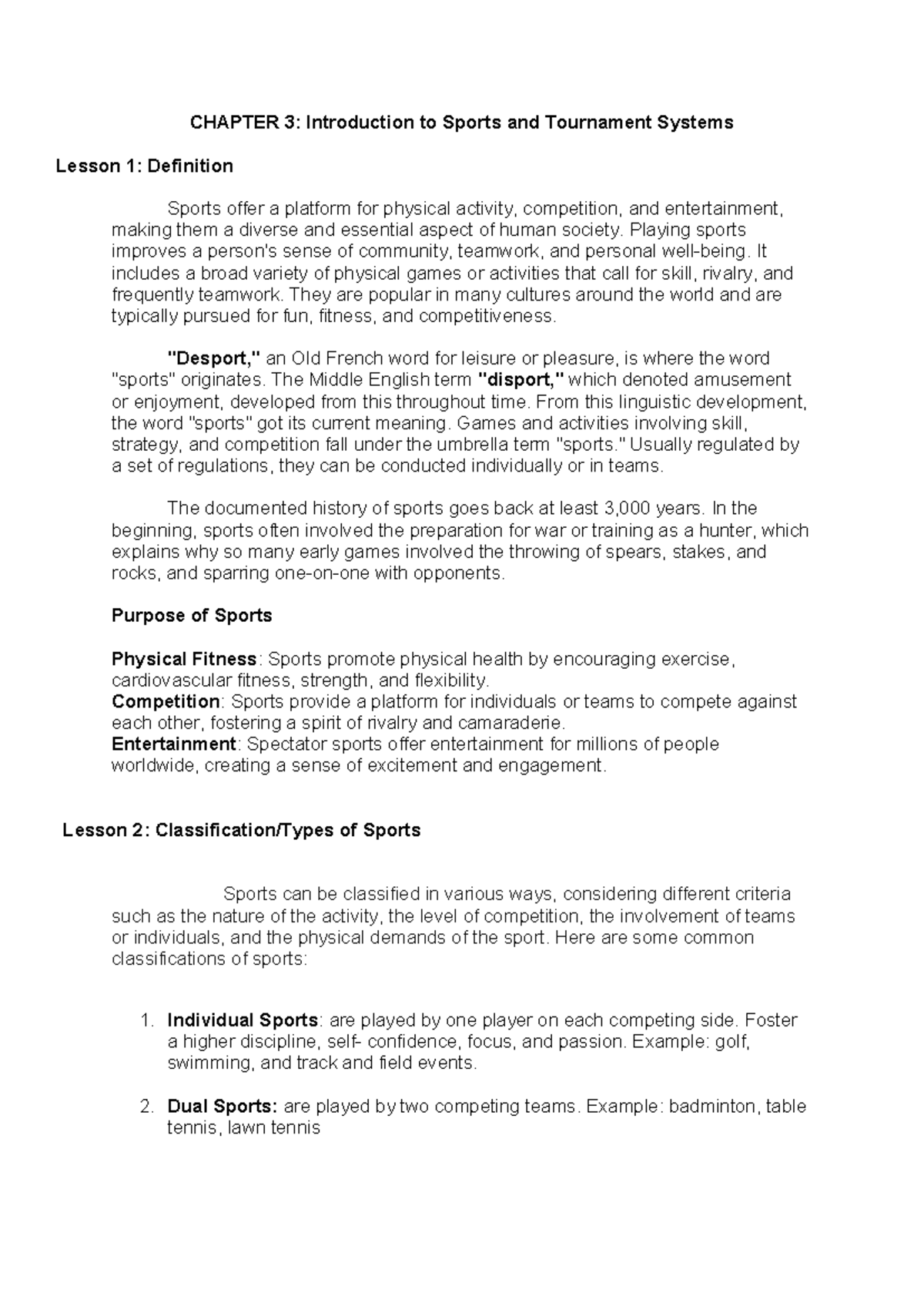 Pathfit 4 Sports Chapter 3 - CHAPTER 3: Introduction to Sports and ...