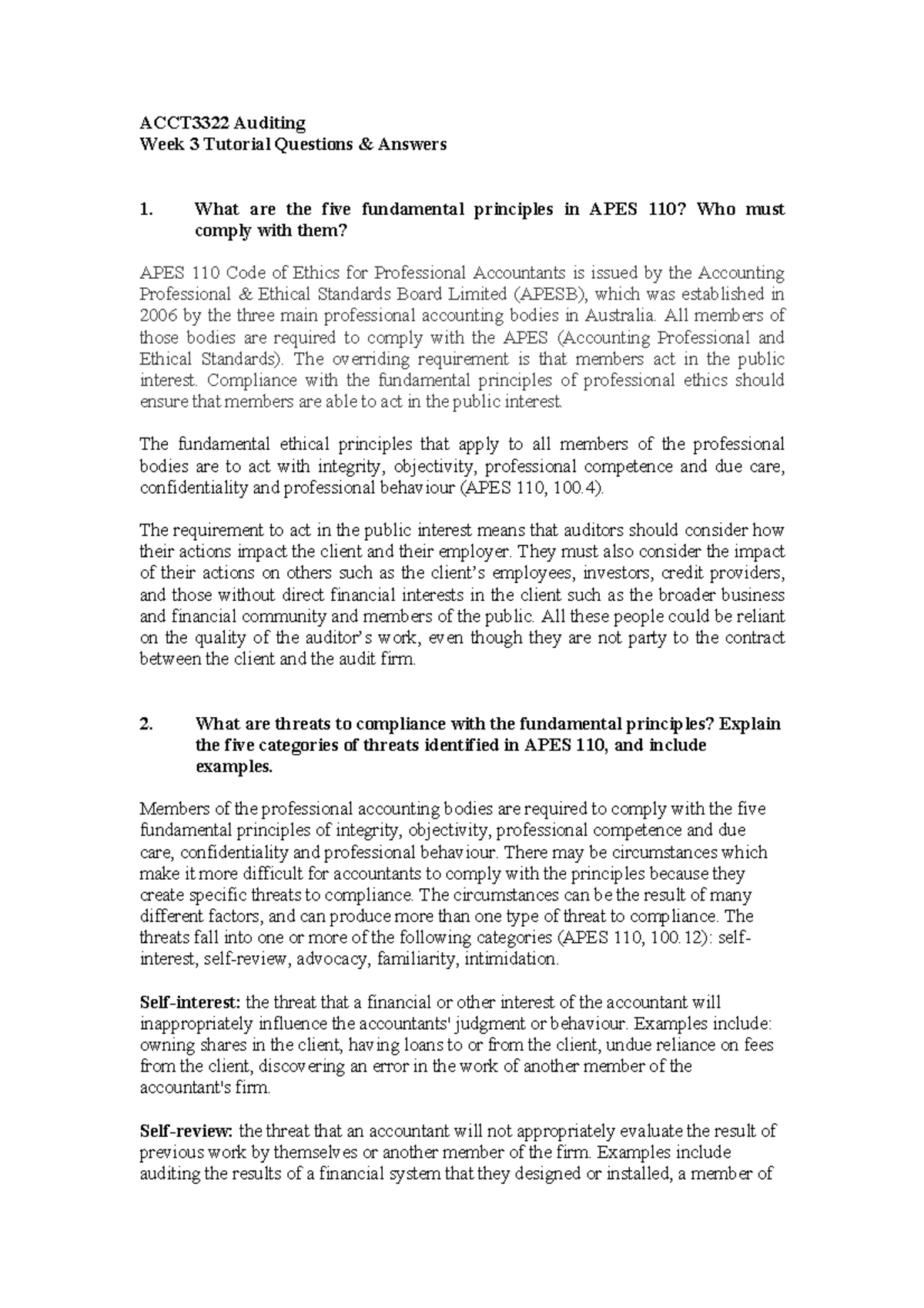 ACCT3322 S221 Week 3 Auditing Q&A on Ethical Principles and Threats ...