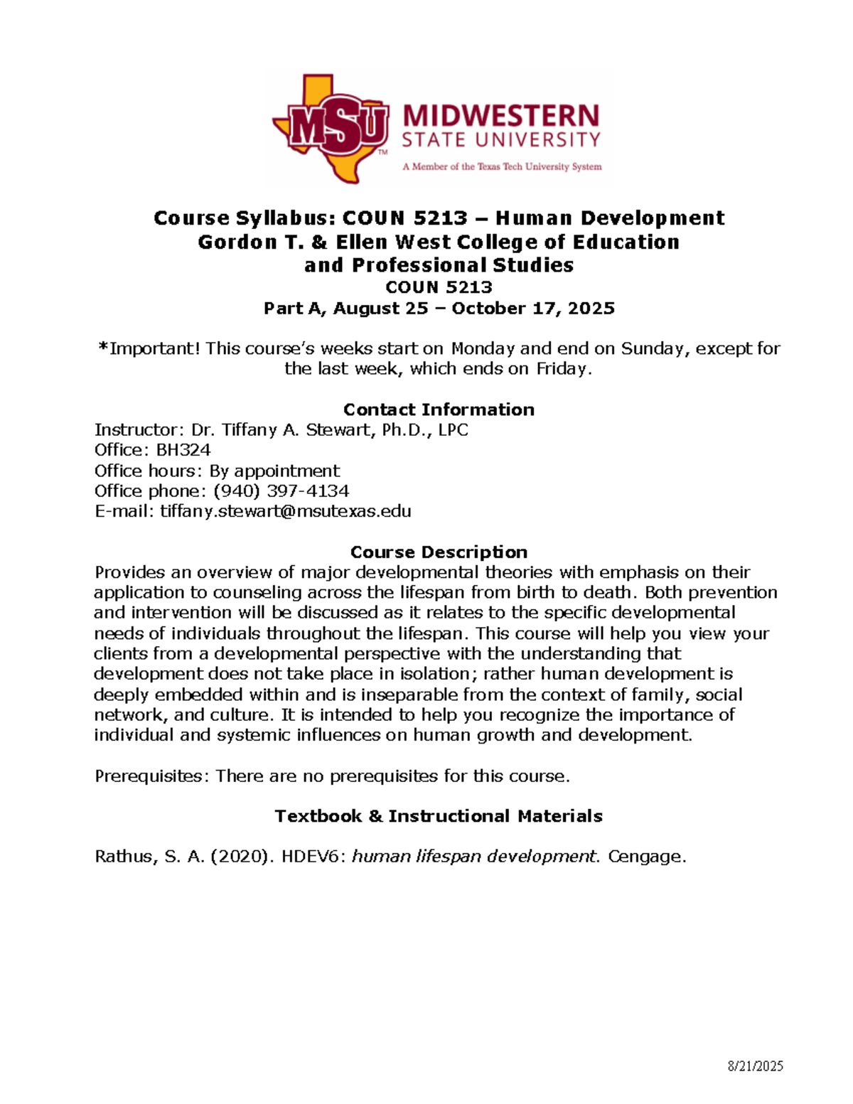 COUN 5213 Human Development Syllabus - Fall 2025 Overview - Studocu
