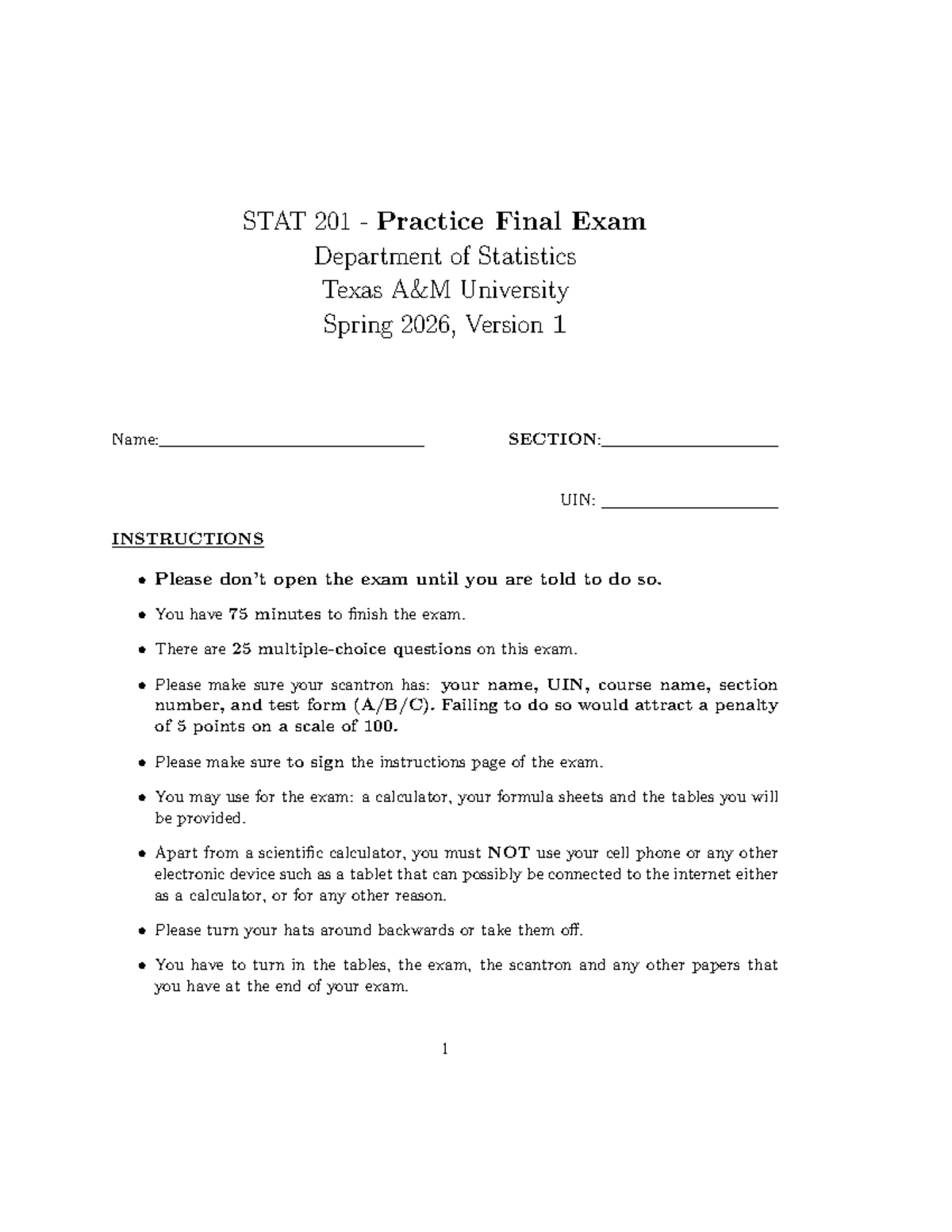 STAT 201 Practice Final Exam Guidelines and Sample Questions - Studocu