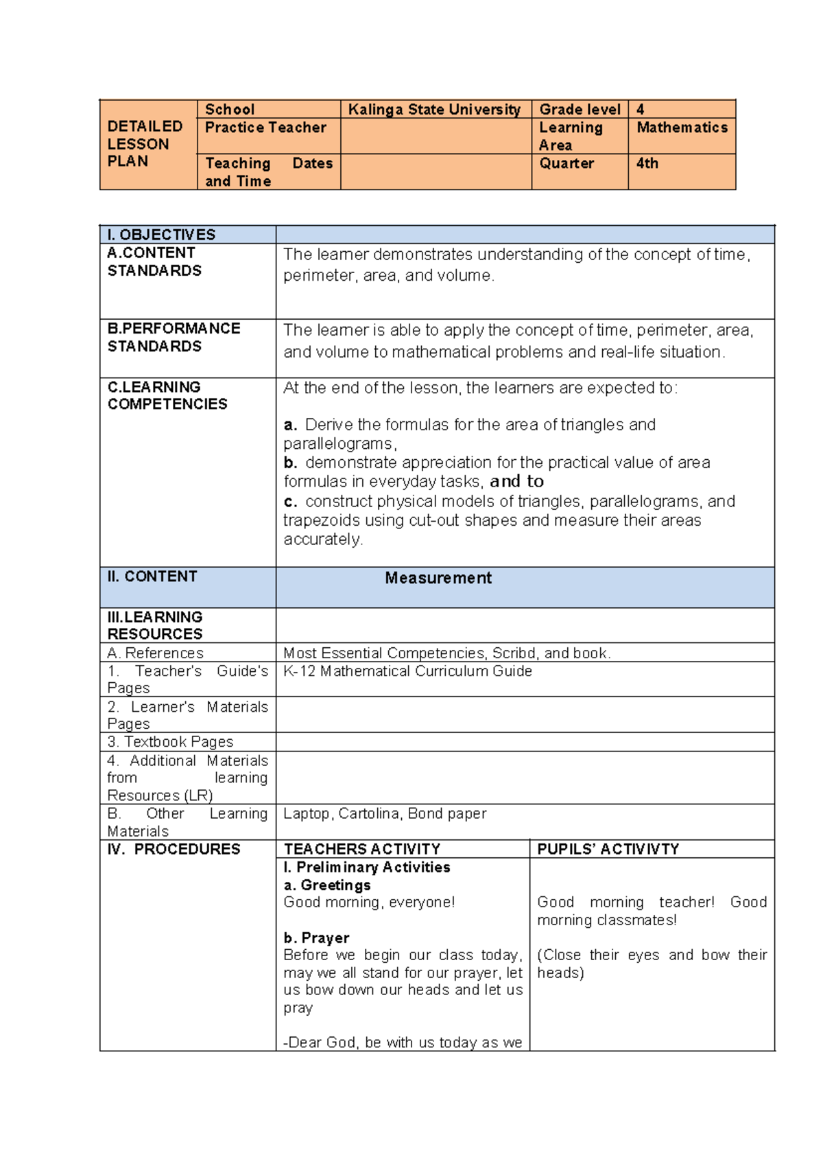 DLP IN Mathematics 4 - Detailed Lesson Plan on Time and Area - Studocu