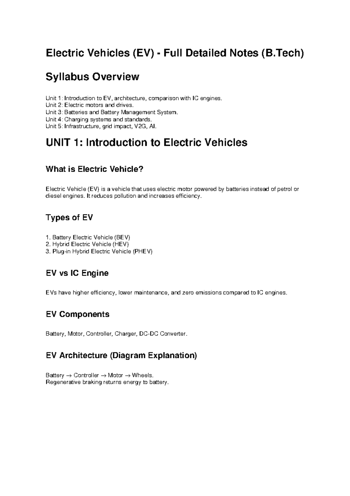 B.Tech EV Full Notes: Detailed Overview of Electric Vehicles - Studocu