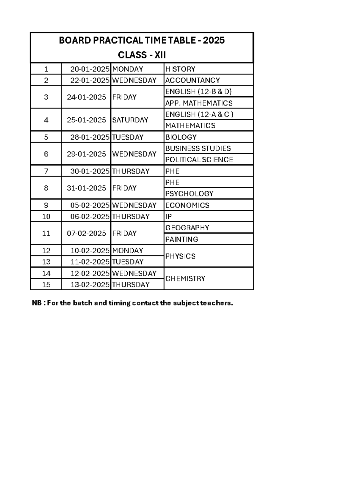 Board practical time table Class - 12 - 1 20-01-2025 MONDAY HISTORY 2 ...