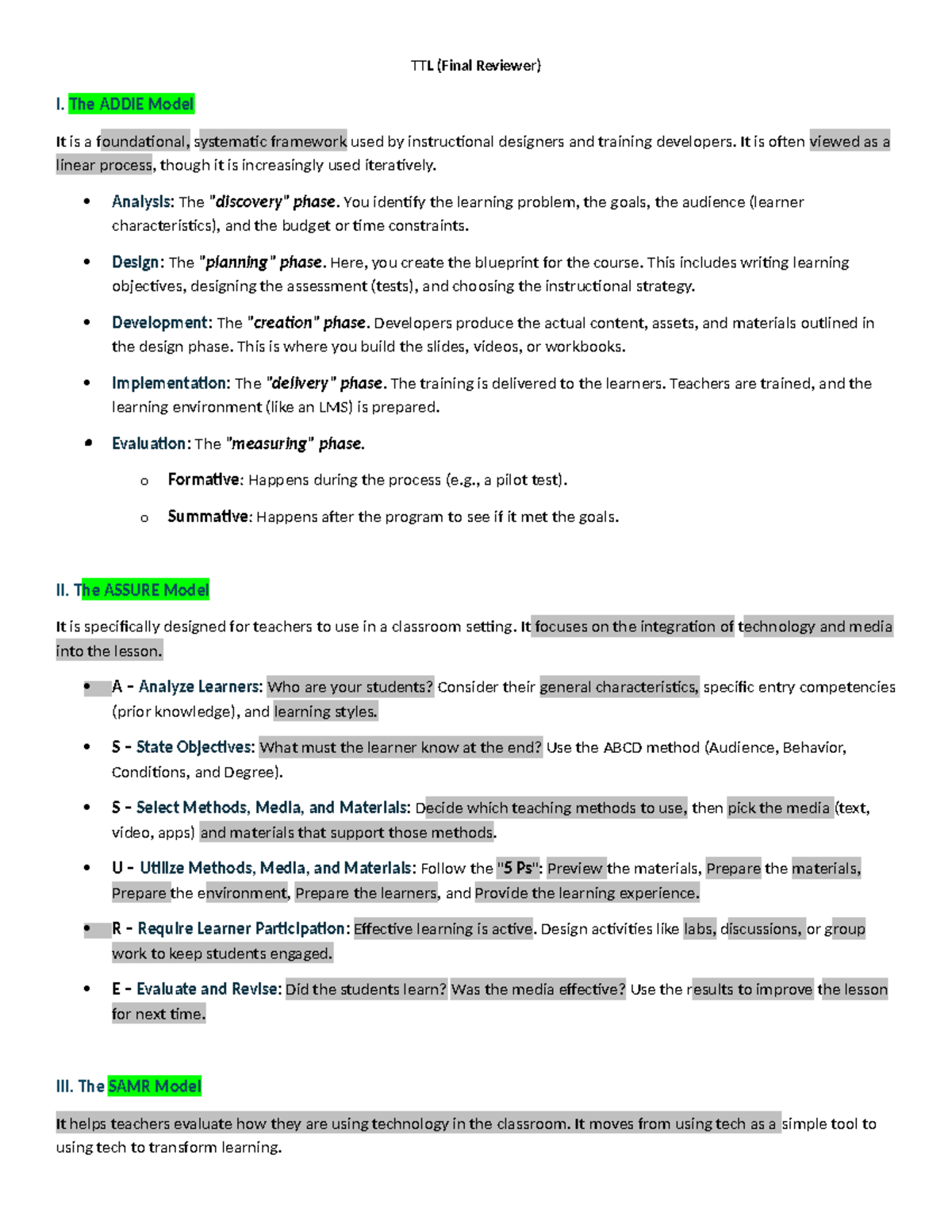 TTL (Final Reviewer) on Instructional Design Models - Studocu
