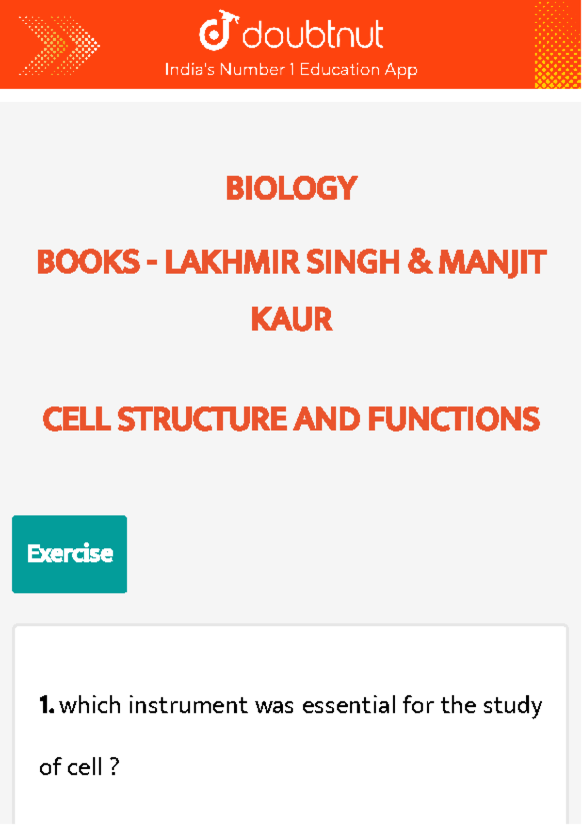 BIOLOGY 29573 CELL STRUCTURE & FUNCTIONS Exercise Questions - Studocu