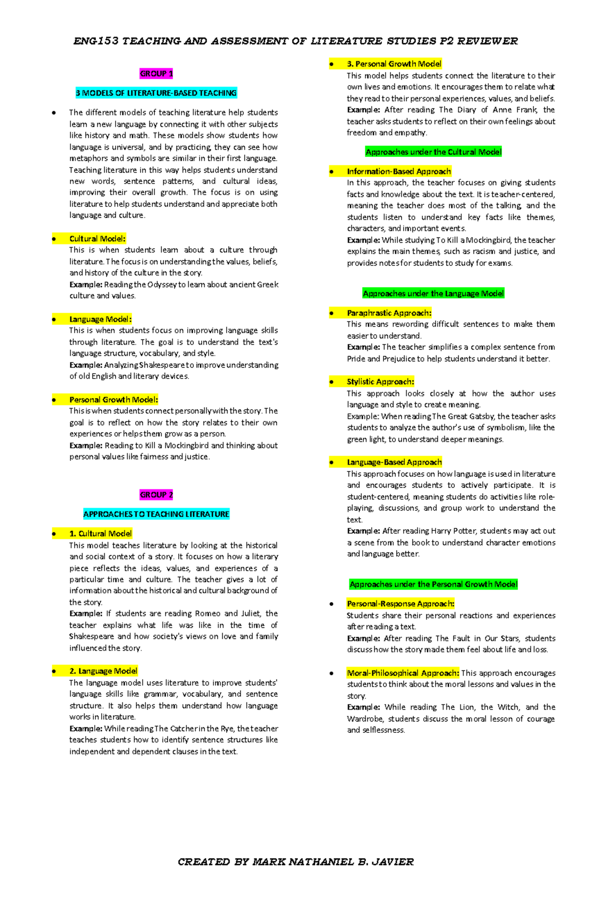 ENG153 - P2 Literature Teaching Models and Comprehension Strategies ...