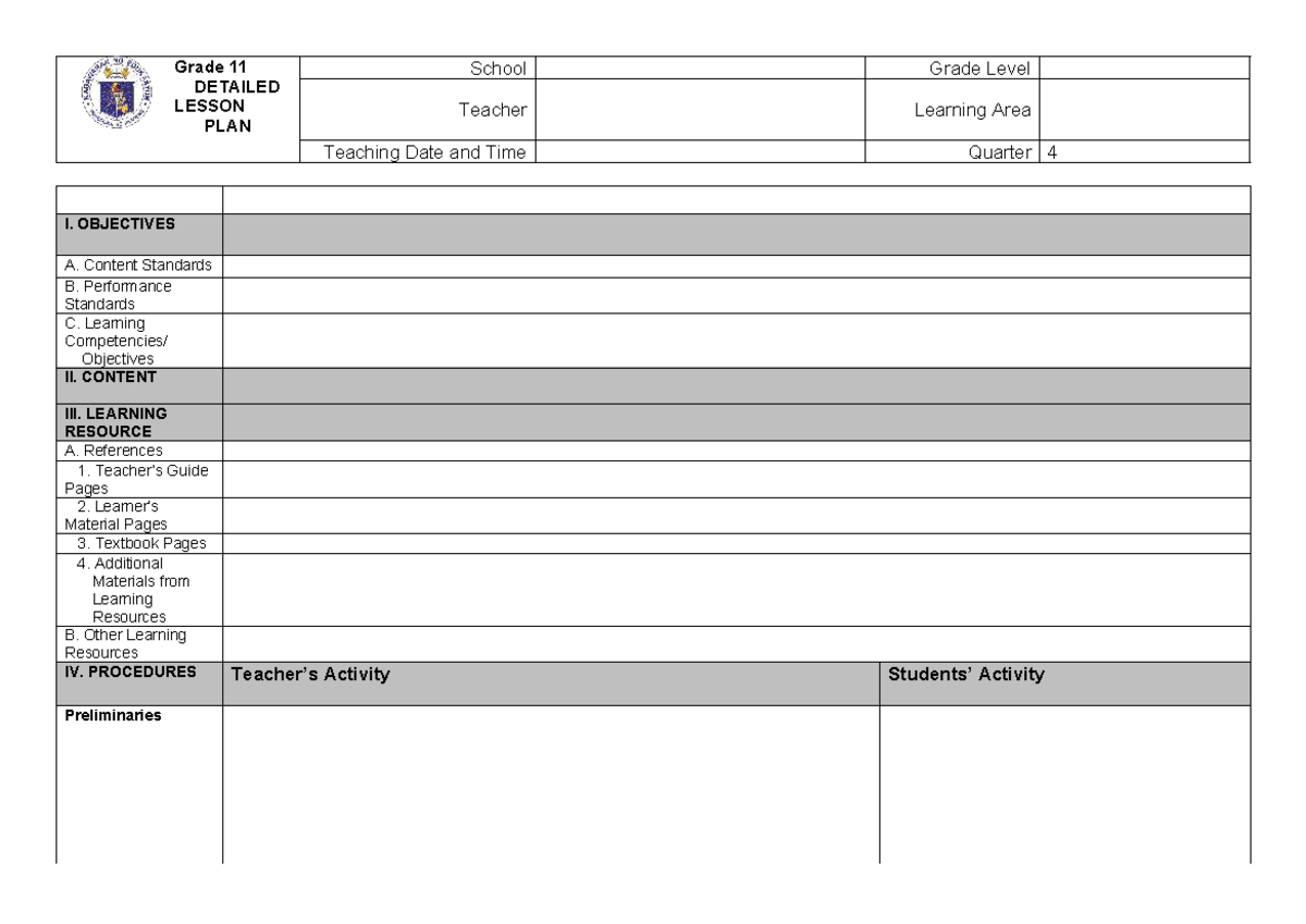 Grade 11 DETAILED LESSON PLAN (DLP) - Sample Format Guide - Studocu