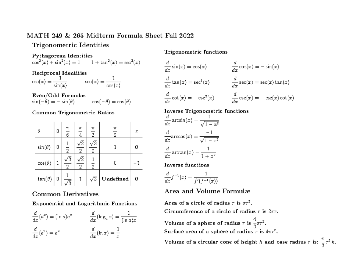 249 265 mt formula sheet - MATH 249 & 265 Midterm Formula Sheet Fall ...