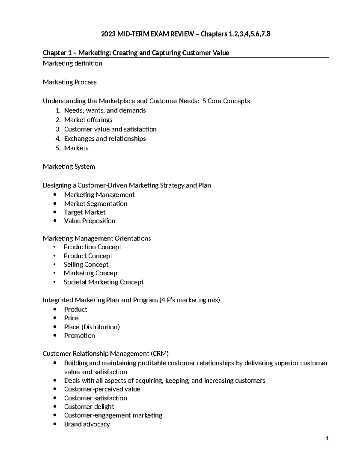 MIDTERM REVIEW 2023: Marketing Strategies & Concepts (Ch. 1-8) - Studocu