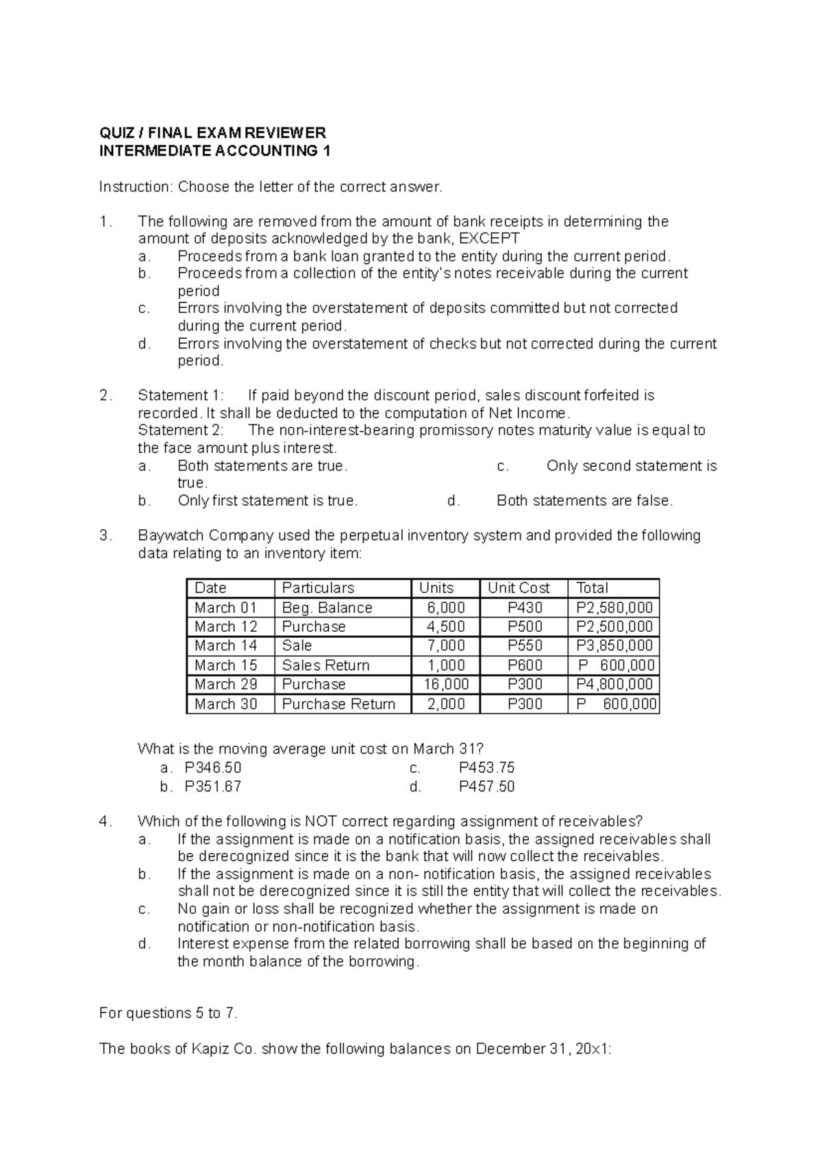 Final Exam Reviewer: Intermediate Accounting 1 Quiz Guide - Studocu