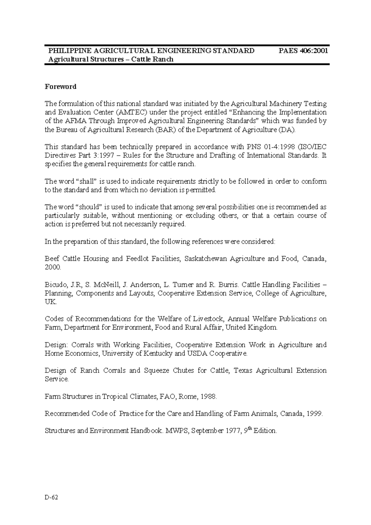 PAES 406:2001 Agricultural Structures for Cattle Ranch Standards - Studocu
