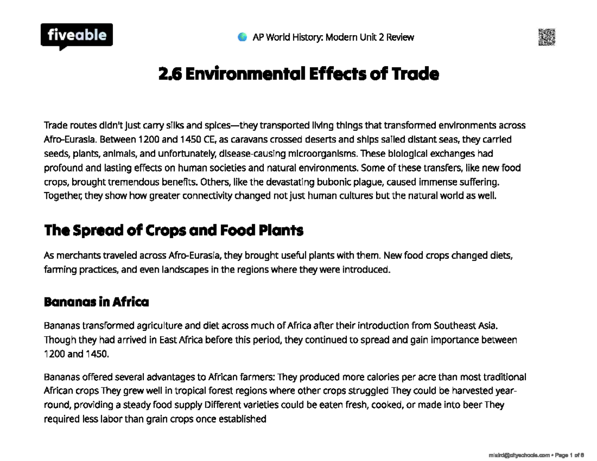 Environmental Effects of Trade: AP World History Unit 2 Study Guide ...