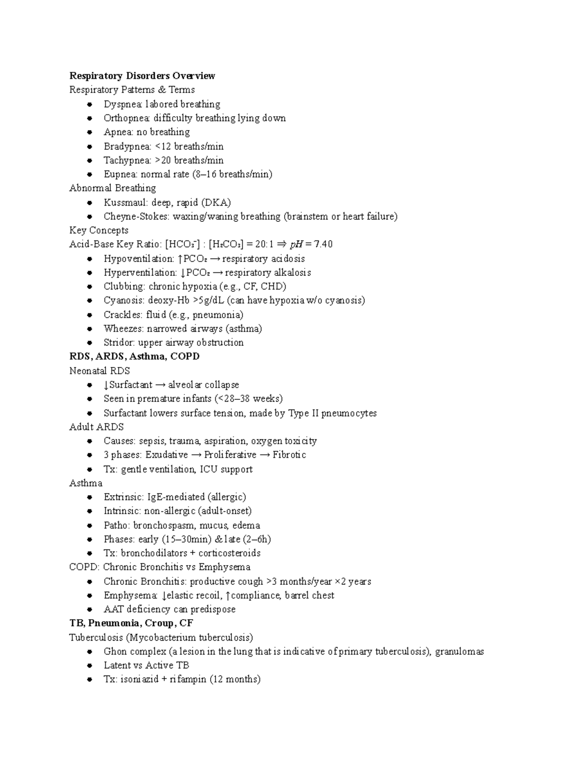 PHS3300 Respiratory & Renal Disorders Study Sheet - Summer Course - Studocu