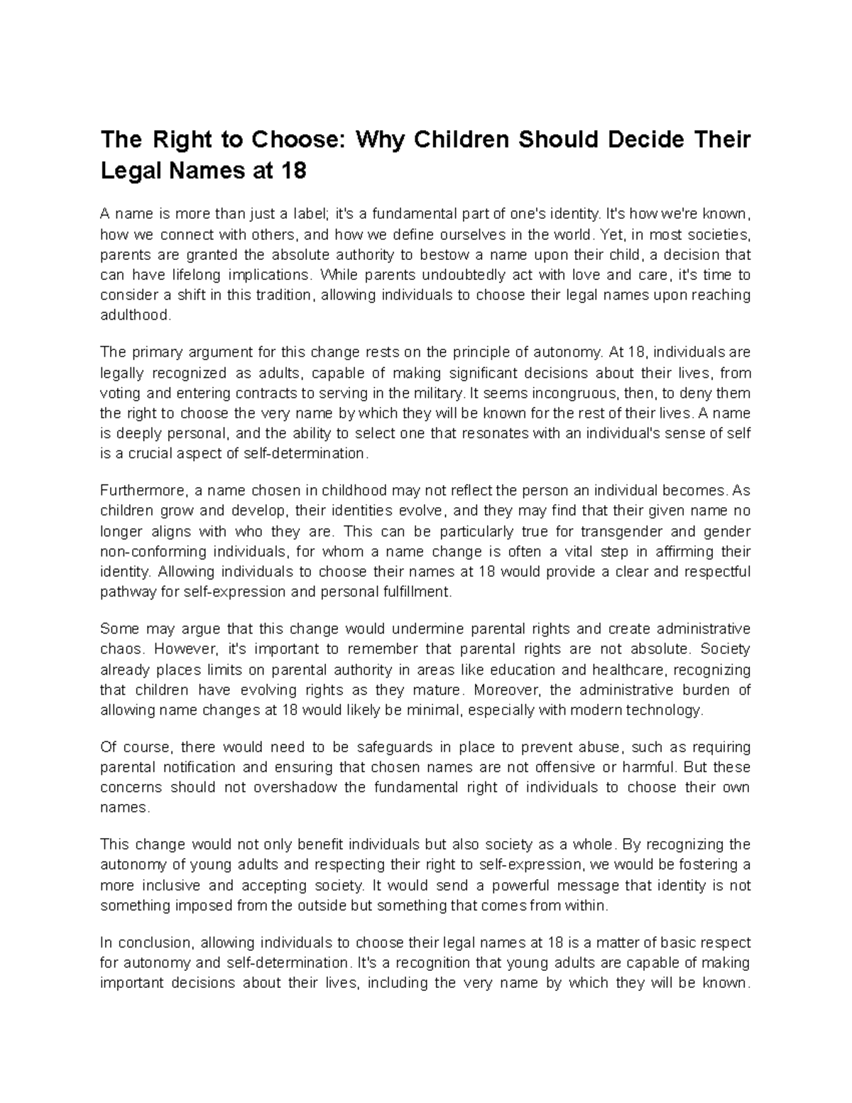 The Right to Choose Why Children Should Decide Their Legal Names at 18 ...