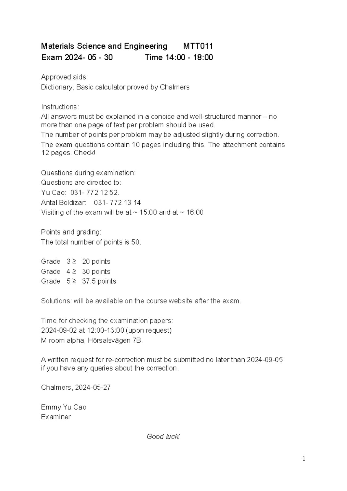 Materials Science and Engineering MTT011 Final Exam 2024-05-30 with ...