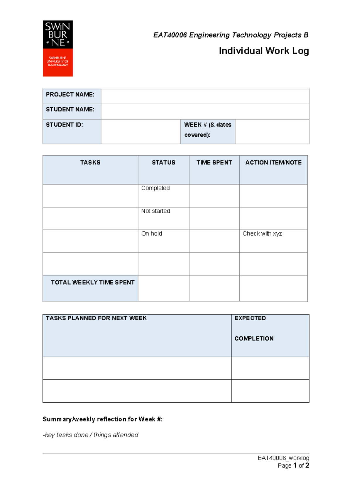 EAT40006 Worklog Template - EAT20003 - EAT40006 Engineering Technology ...
