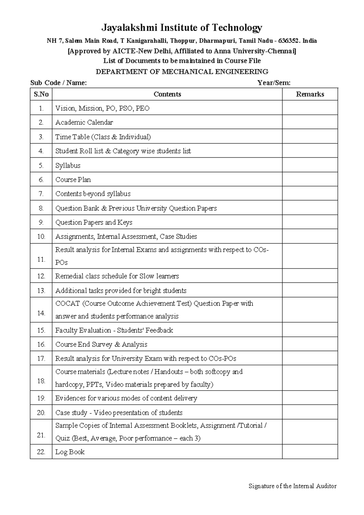 List of Course File Documents for ME Dept - Sub Code: GOOD - Studocu
