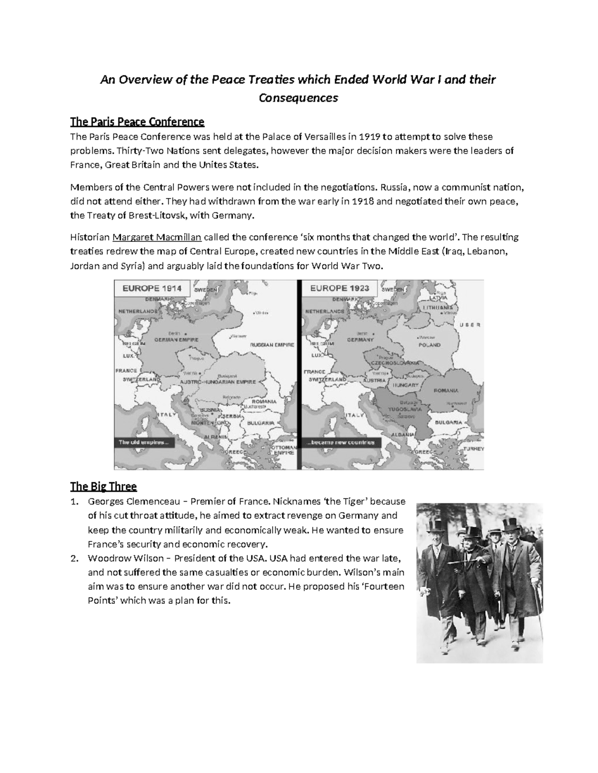 1-0a Overview of WWI Peace Treaties & Their Consequences - Studocu