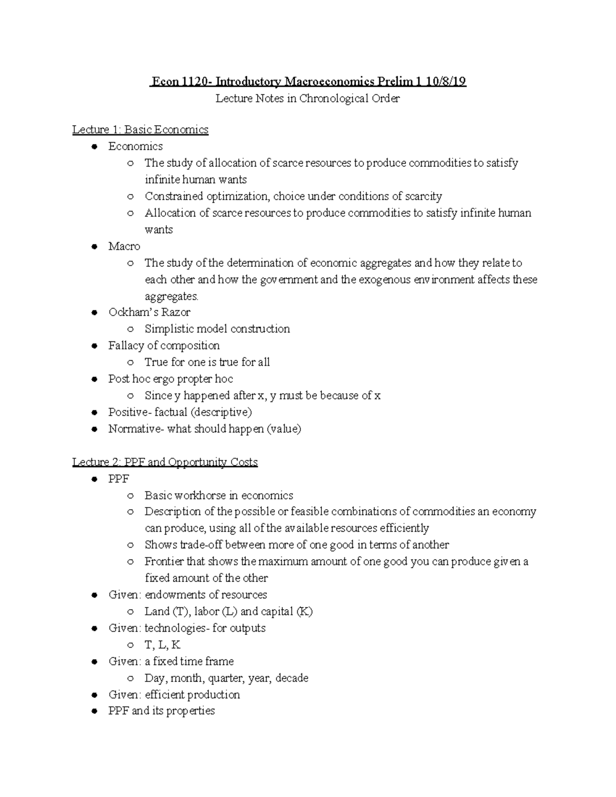 Econ 1120 Prelim 1 Notes - Econ 1120- Introductory Macroeconomics ...