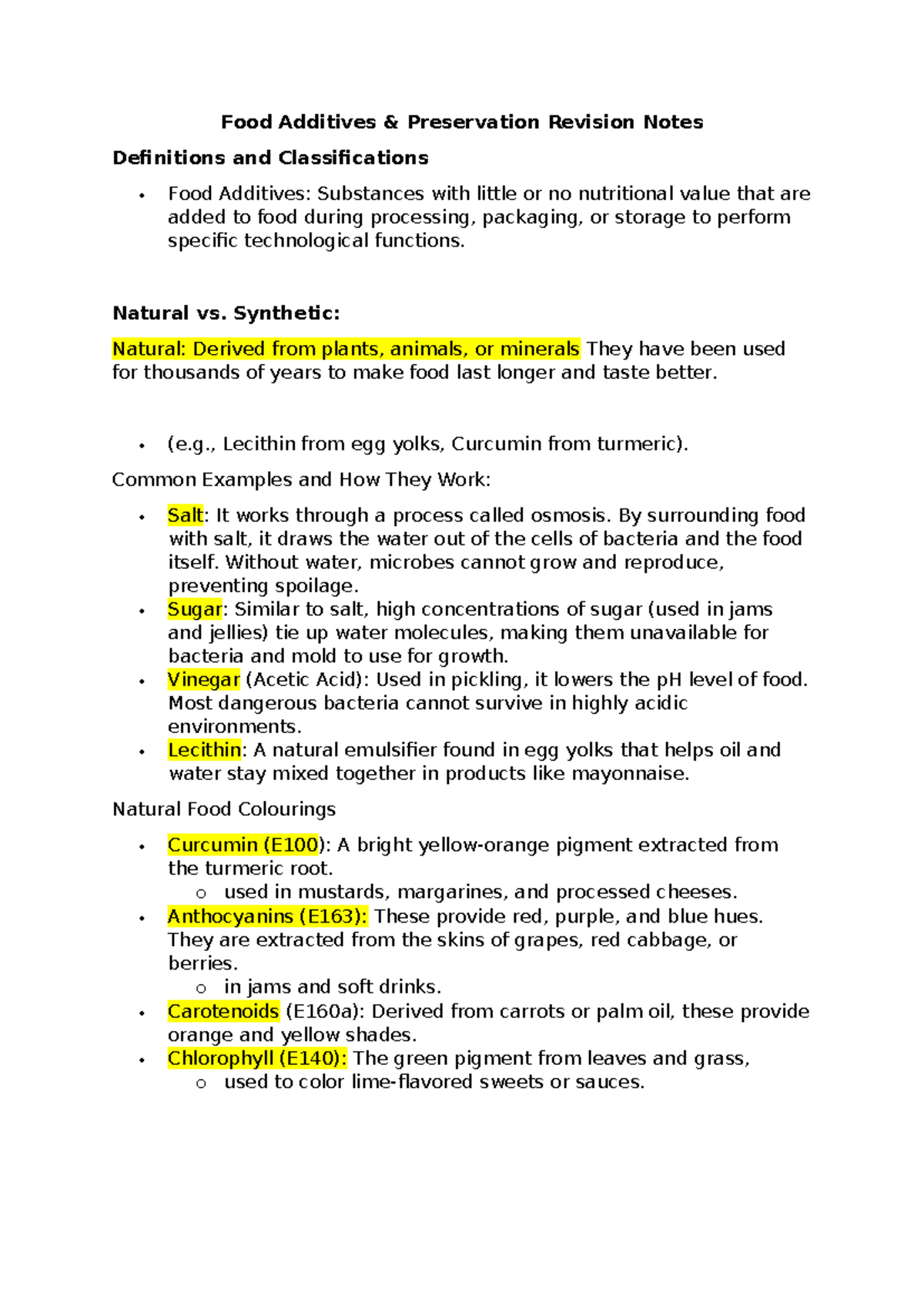 FOOD Additives Revision Notes G8: Definitions & Classifications - Studocu